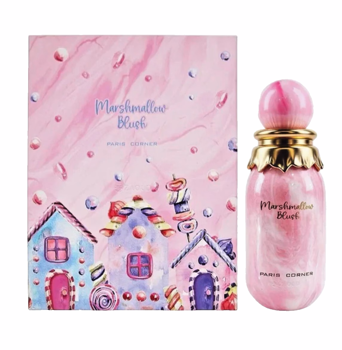 Marshmallow Blush Eau de Parfum 100ml by Paris Corner in soft pink bottle with gold cap