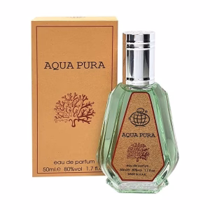 Aqua Pura Eau de Parfum 50ml by Fragrance World bottle in aqua-green with matching box